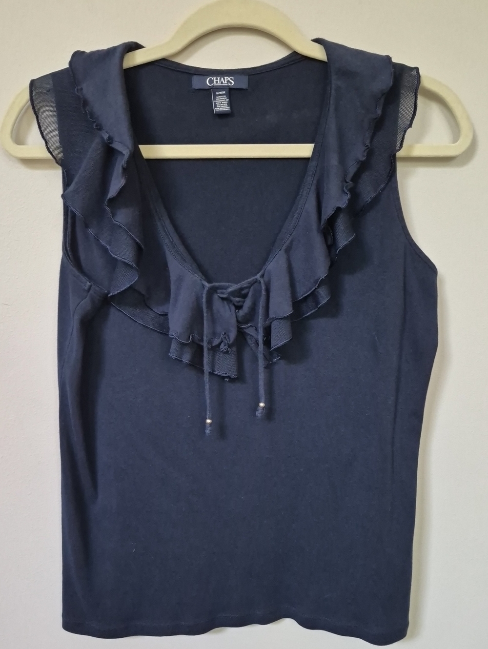 Chaps Navy Double Ruffle Tie-Front Sleeveless Knit Blouse Womens M Office Casual